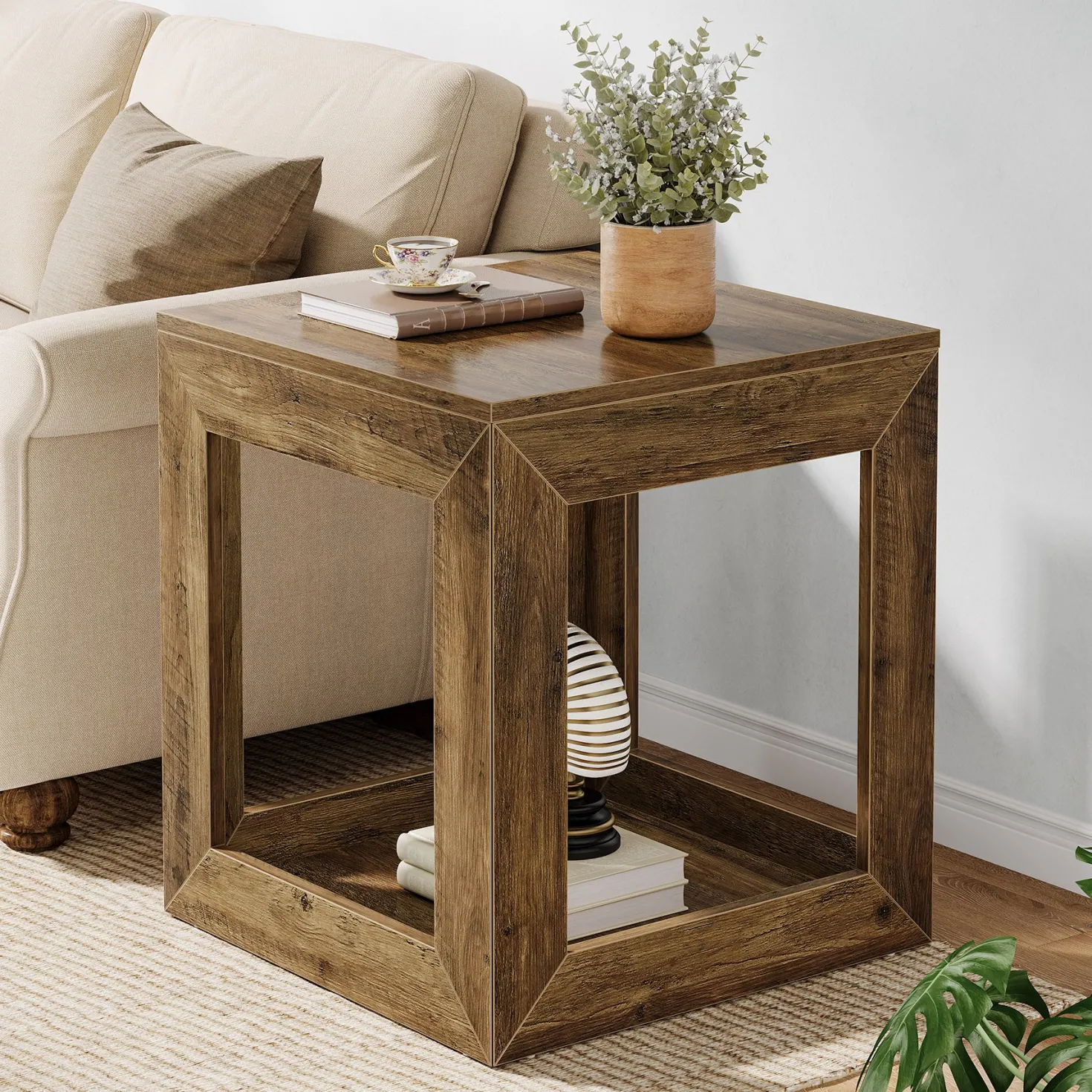Square End Table, 19.7" Side Table Nightstand with 2-Tier Storage Shelf