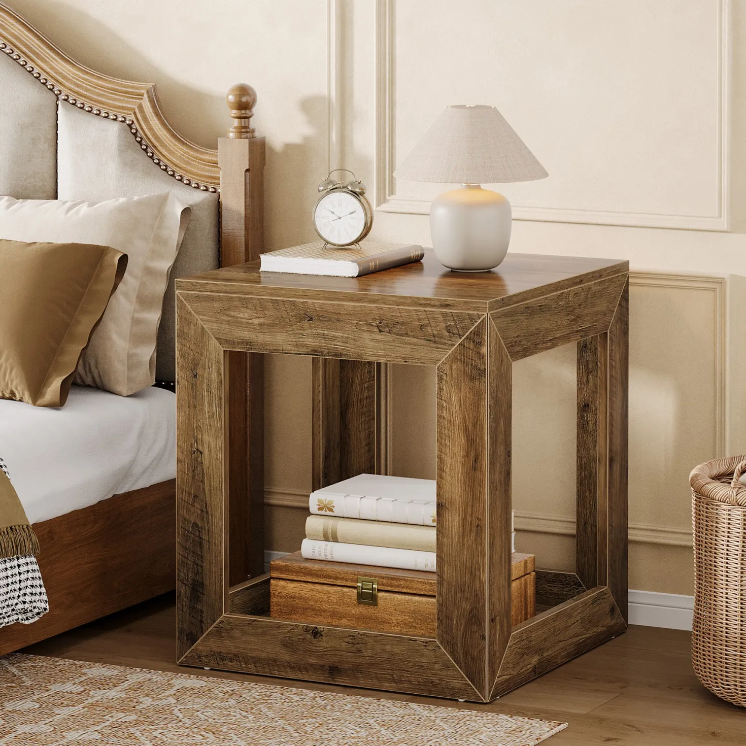 Square End Table, 19.7" Side Table Nightstand with 2-Tier Storage Shelf