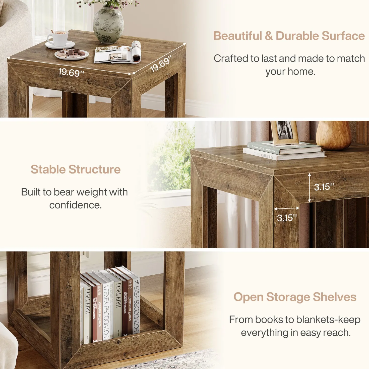 Square End Table, 19.7" Side Table Nightstand with 2-Tier Storage Shelf