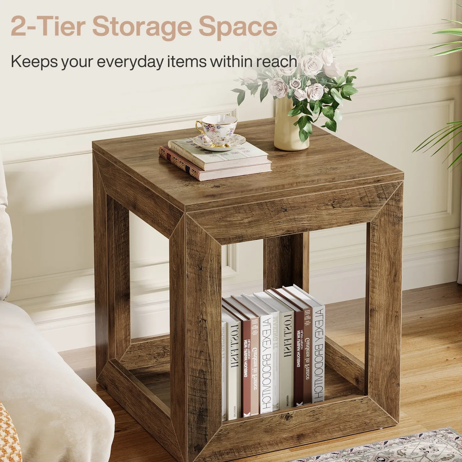 Square End Table, 19.7" Side Table Nightstand with 2-Tier Storage Shelf