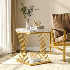 Square End Table, 2-Tier Side Table Modern Bedside Table