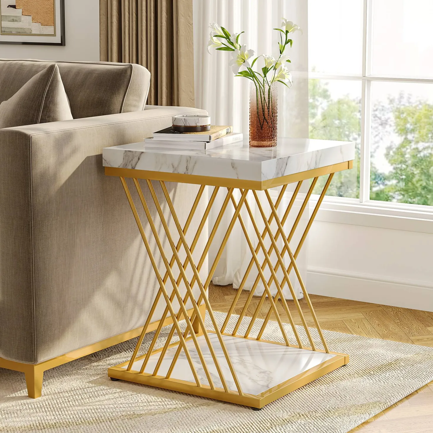 Square End Table, 2-Tier Side Table Modern Bedside Table