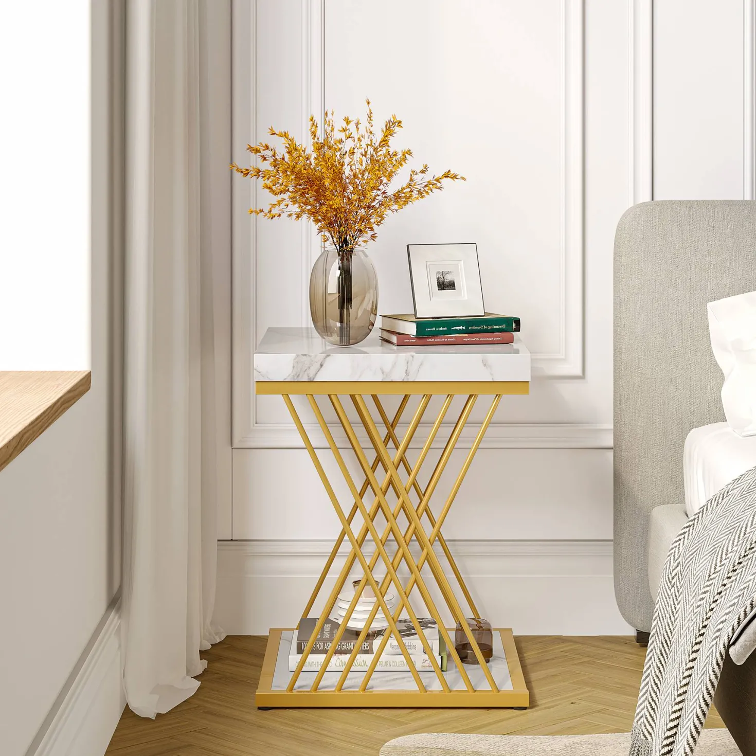 Square End Table, 2-Tier Side Table Modern Bedside Table