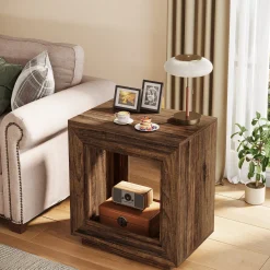 Square End Table, 2-Tier Wooden Sofa Side Table with Storage Shelf