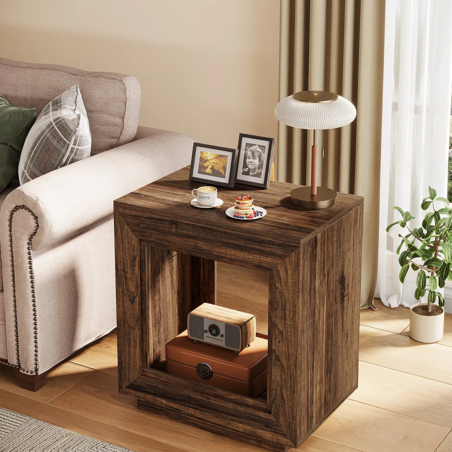 Square End Table, 2-Tier Wooden Sofa Side Table with Storage Shelf