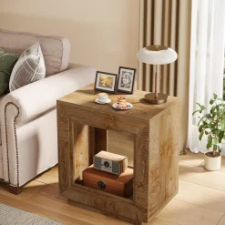 Square End Table, 2-Tier Wooden Sofa Side Table with Storage Shelf
