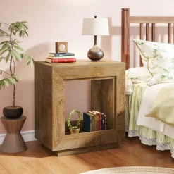 Square End Table, 2-Tier Wooden Sofa Side Table with Storage Shelf