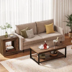 Square End Table, 2-Tier Wooden Sofa Side Table with Storage Shelf