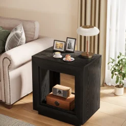 Square End Table, 2-Tier Wooden Sofa Side Table with Storage Shelf