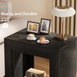 Square End Table, 2-Tier Wooden Sofa Side Table with Storage Shelf