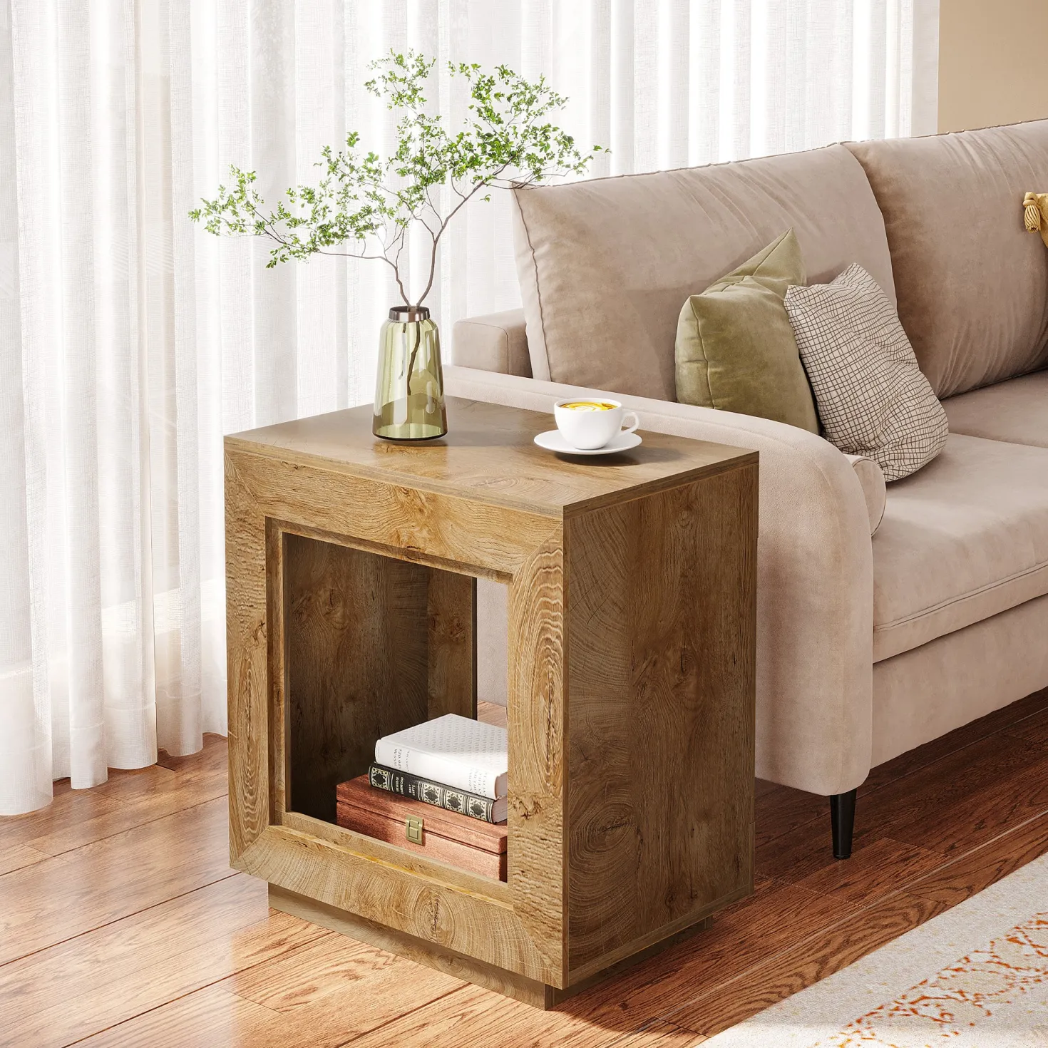Square End Table, 2-Tier Wooden Sofa Side Table with Storage Shelf