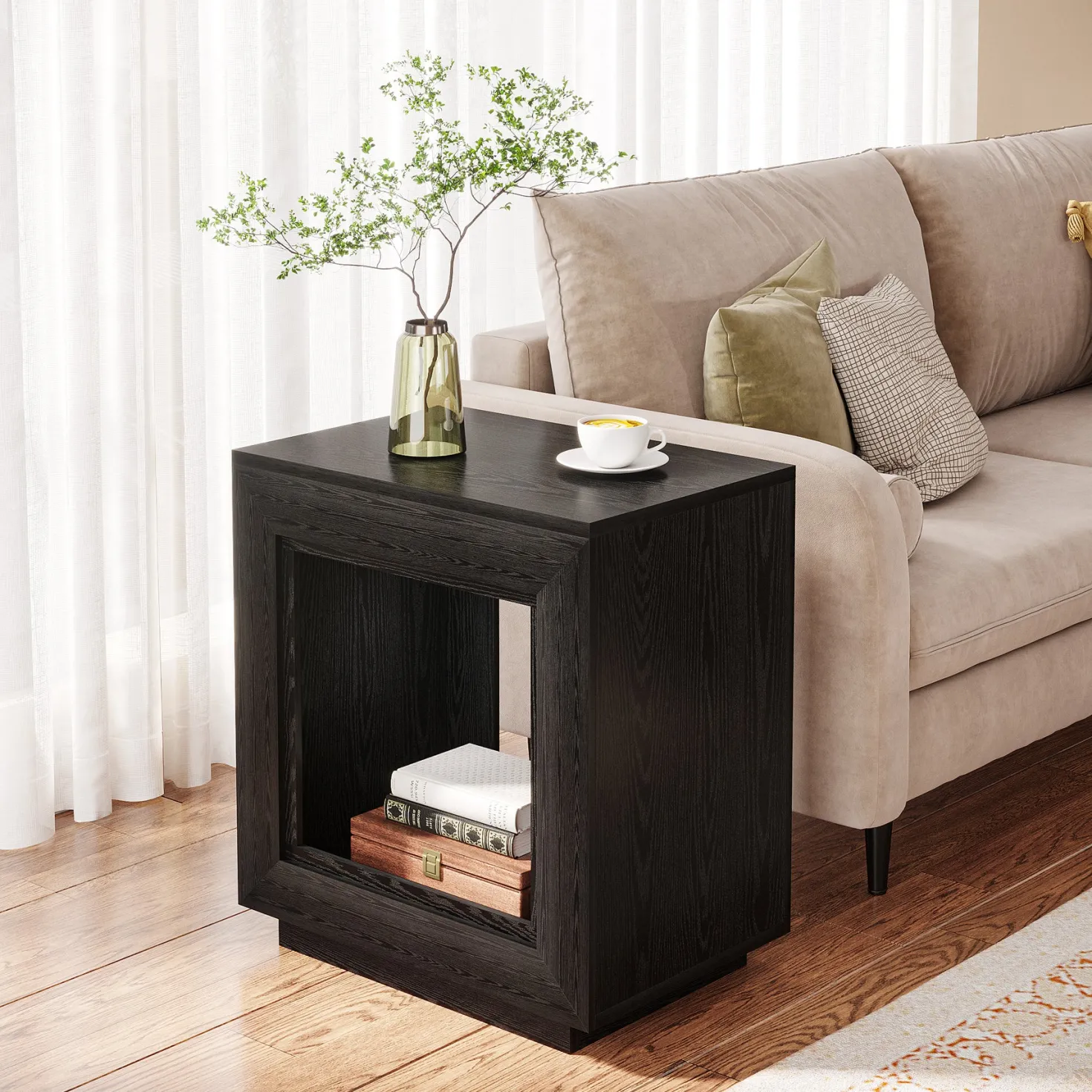 Square End Table, 2-Tier Wooden Sofa Side Table with Storage Shelf