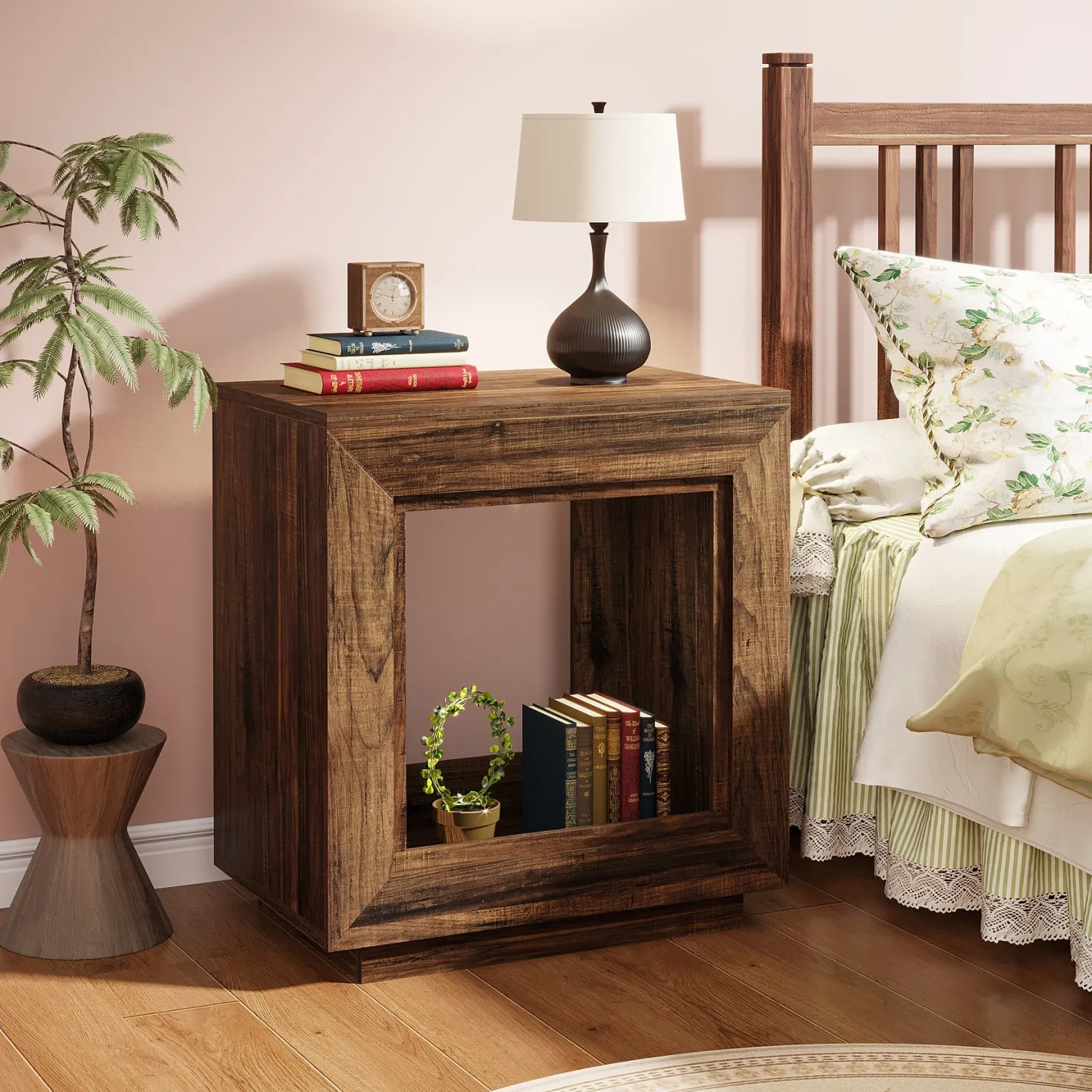 Square End Table, 2-Tier Wooden Sofa Side Table with Storage Shelf