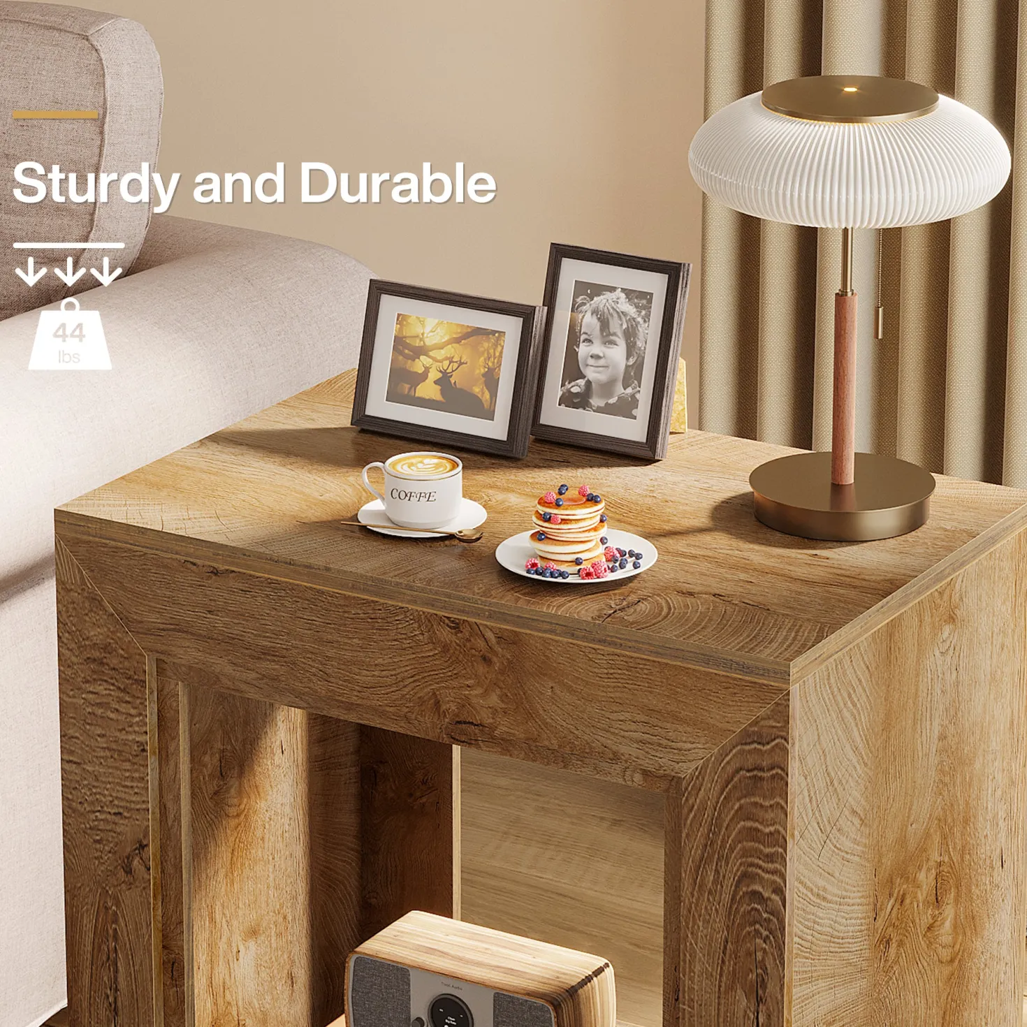Square End Table, 2-Tier Wooden Sofa Side Table with Storage Shelf