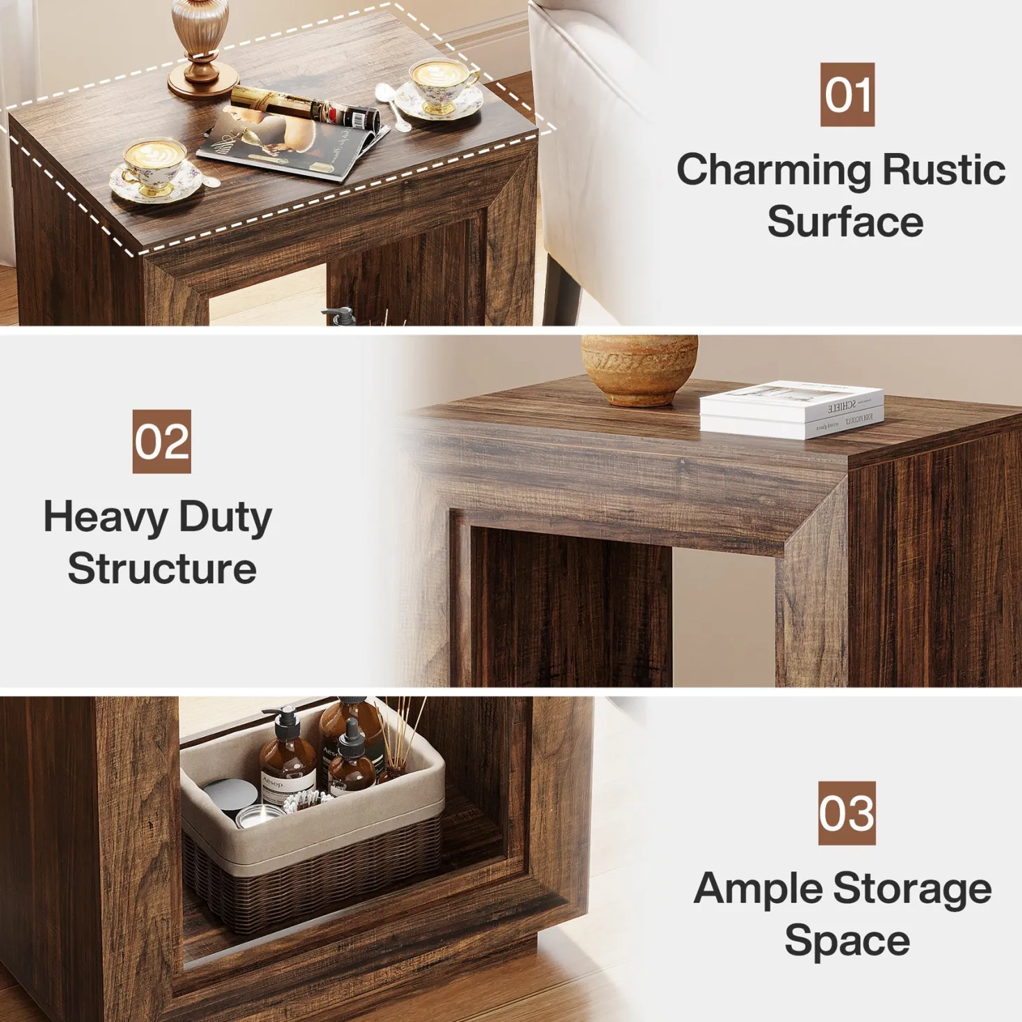 Square End Table, 2-Tier Wooden Sofa Side Table with Storage Shelf