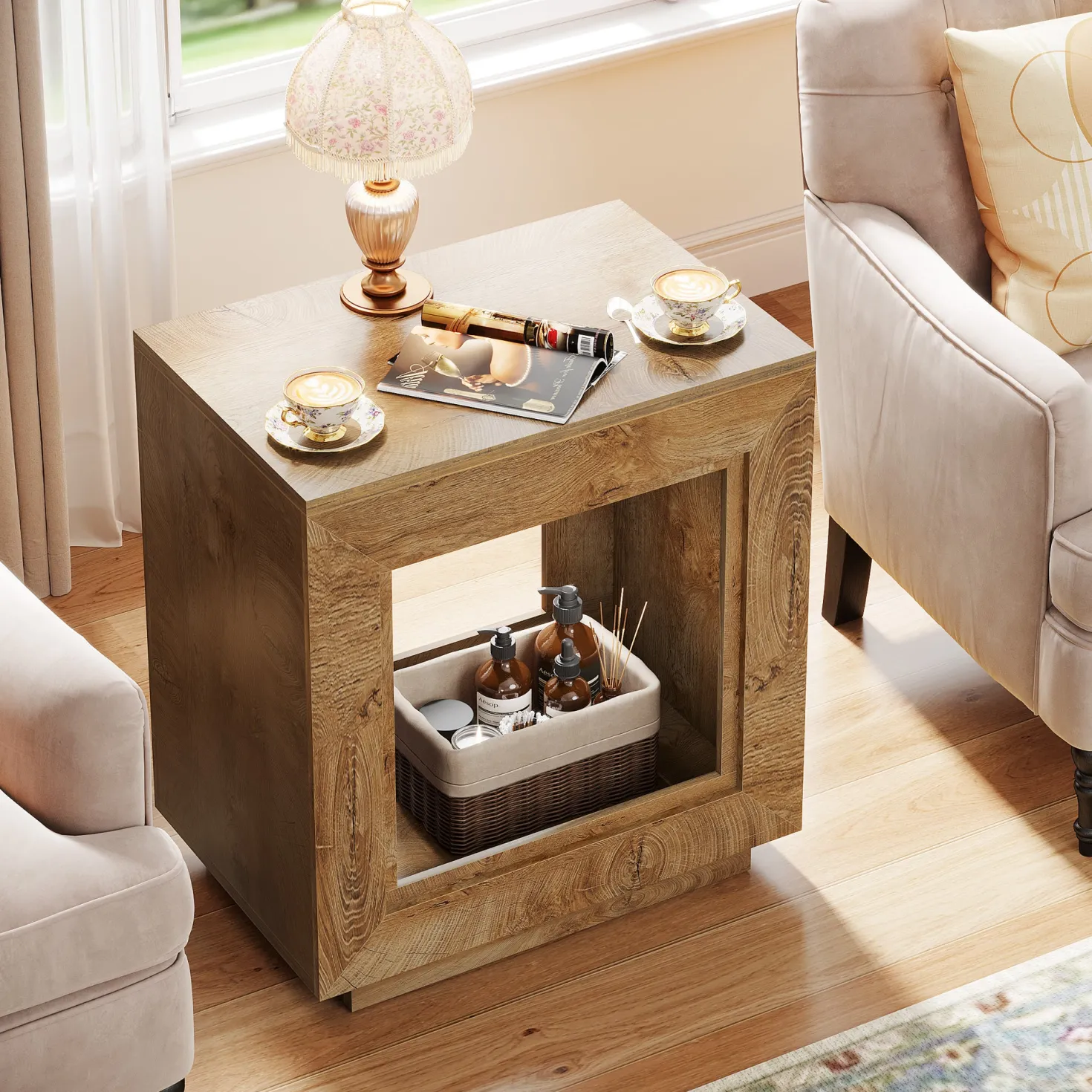 Square End Table, 2-Tier Wooden Sofa Side Table with Storage Shelf