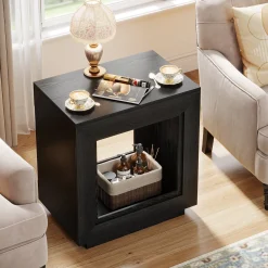 Square End Table, 2-Tier Wooden Sofa Side Table with Storage Shelf
