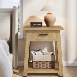 Square Nightstand with Drawer, Accent Bedside Table with Open Shelf for Bedroom