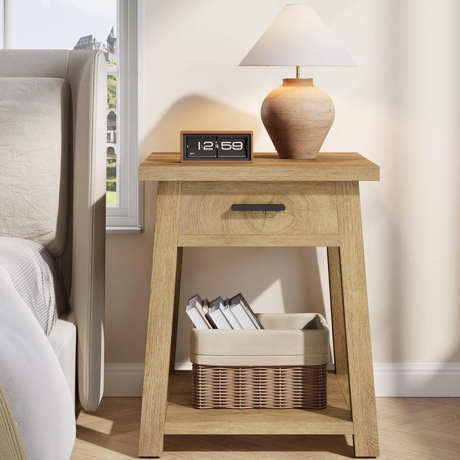 Square Nightstand with Drawer, Accent Bedside Table with Open Shelf for Bedroom