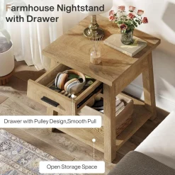 Square Nightstand with Drawer, Accent Bedside Table with Open Shelf for Bedroom
