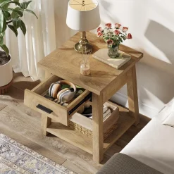 Square Nightstand with Drawer, Accent Bedside Table with Open Shelf for Bedroom