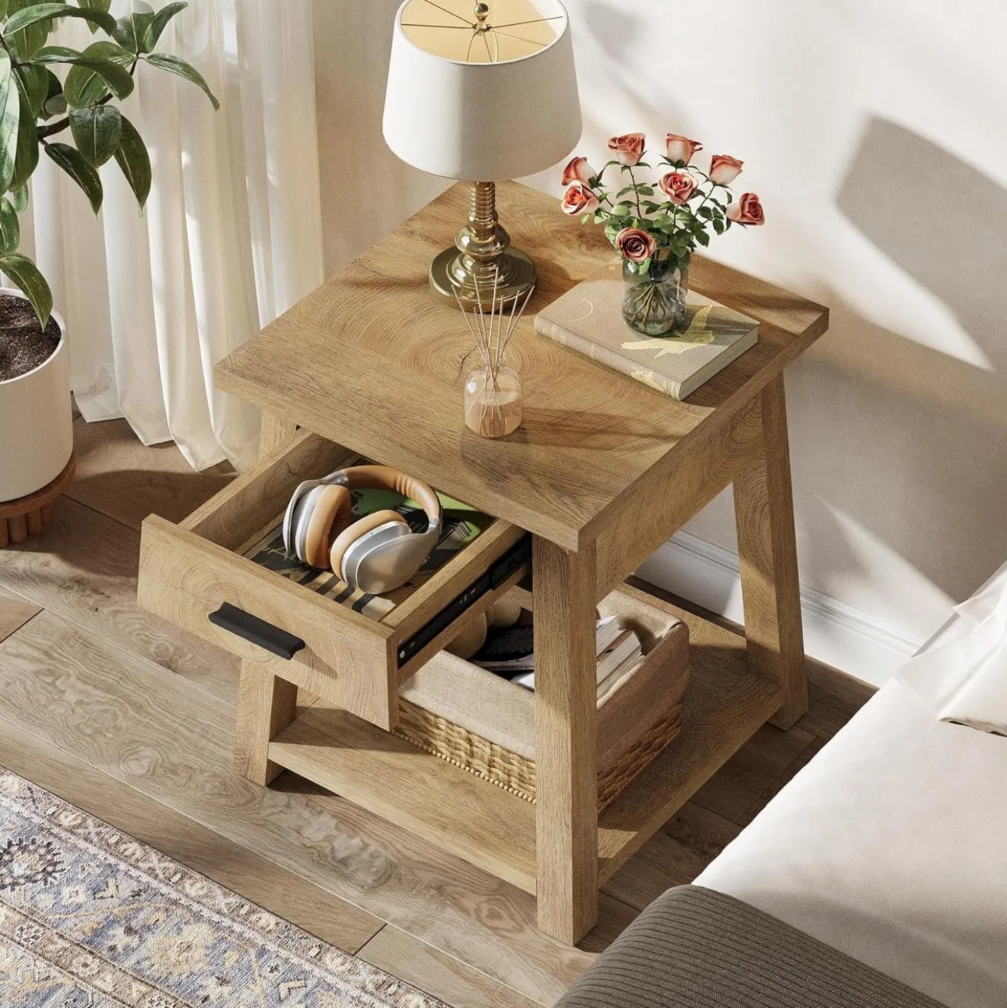 Square Nightstand with Drawer, Accent Bedside Table with Open Shelf for Bedroom