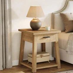 Square Nightstand with Drawer, Accent Bedside Table with Open Shelf for Bedroom