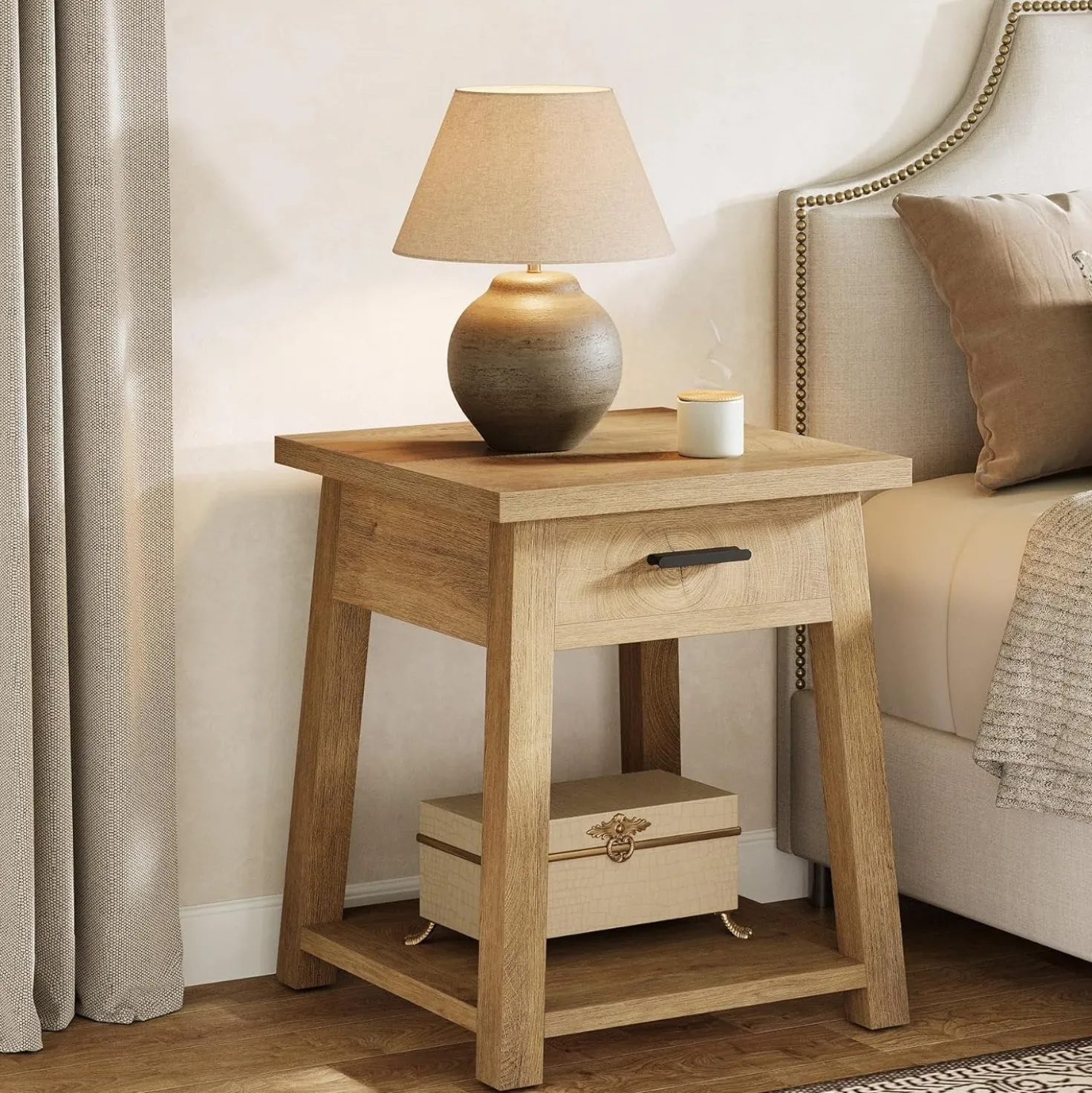 Square Nightstand with Drawer, Accent Bedside Table with Open Shelf for Bedroom