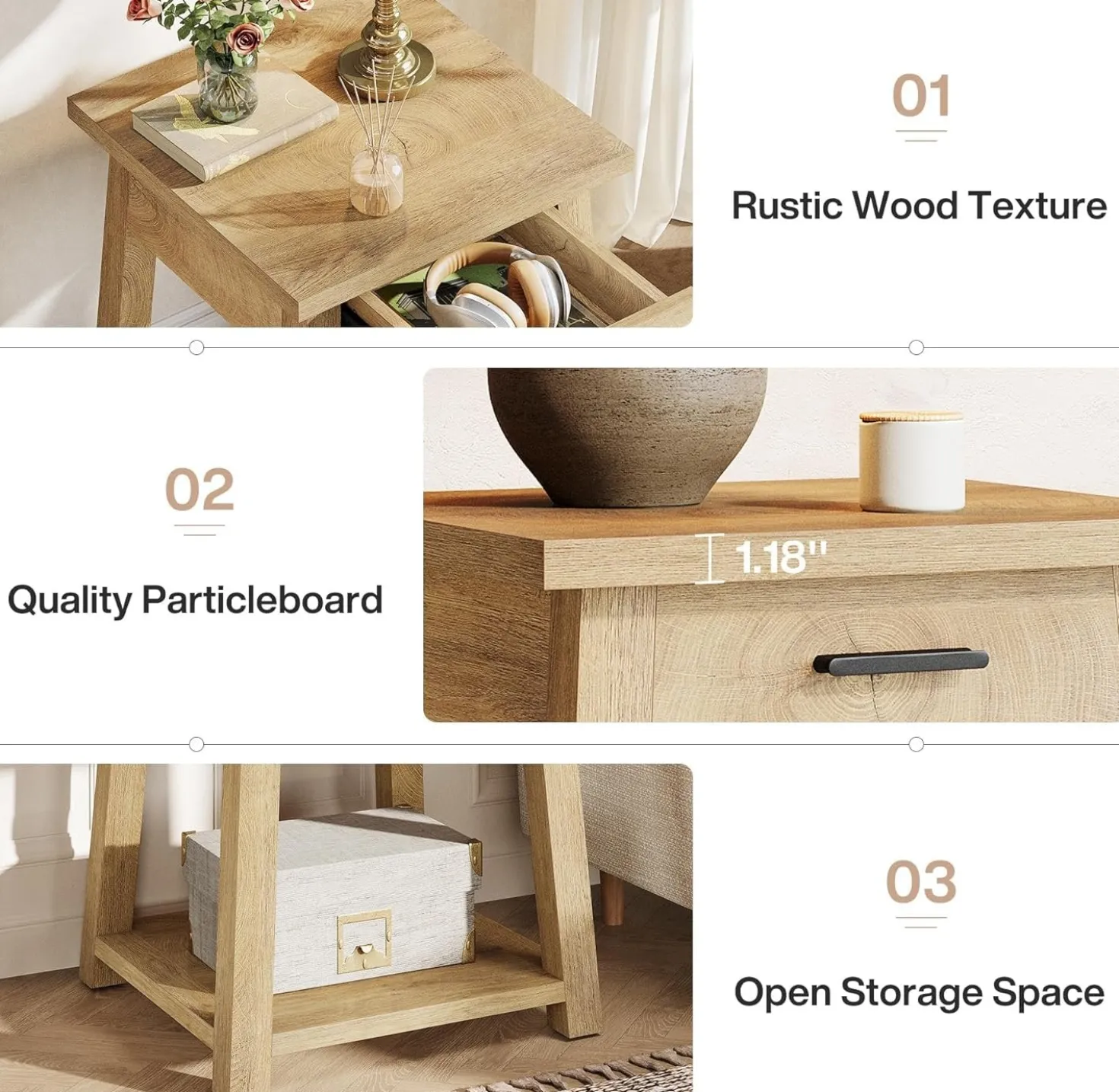 Square Nightstand with Drawer, Accent Bedside Table with Open Shelf for Bedroom
