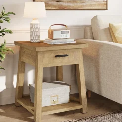 Square Nightstand with Drawer, Accent Bedside Table with Open Shelf for Bedroom