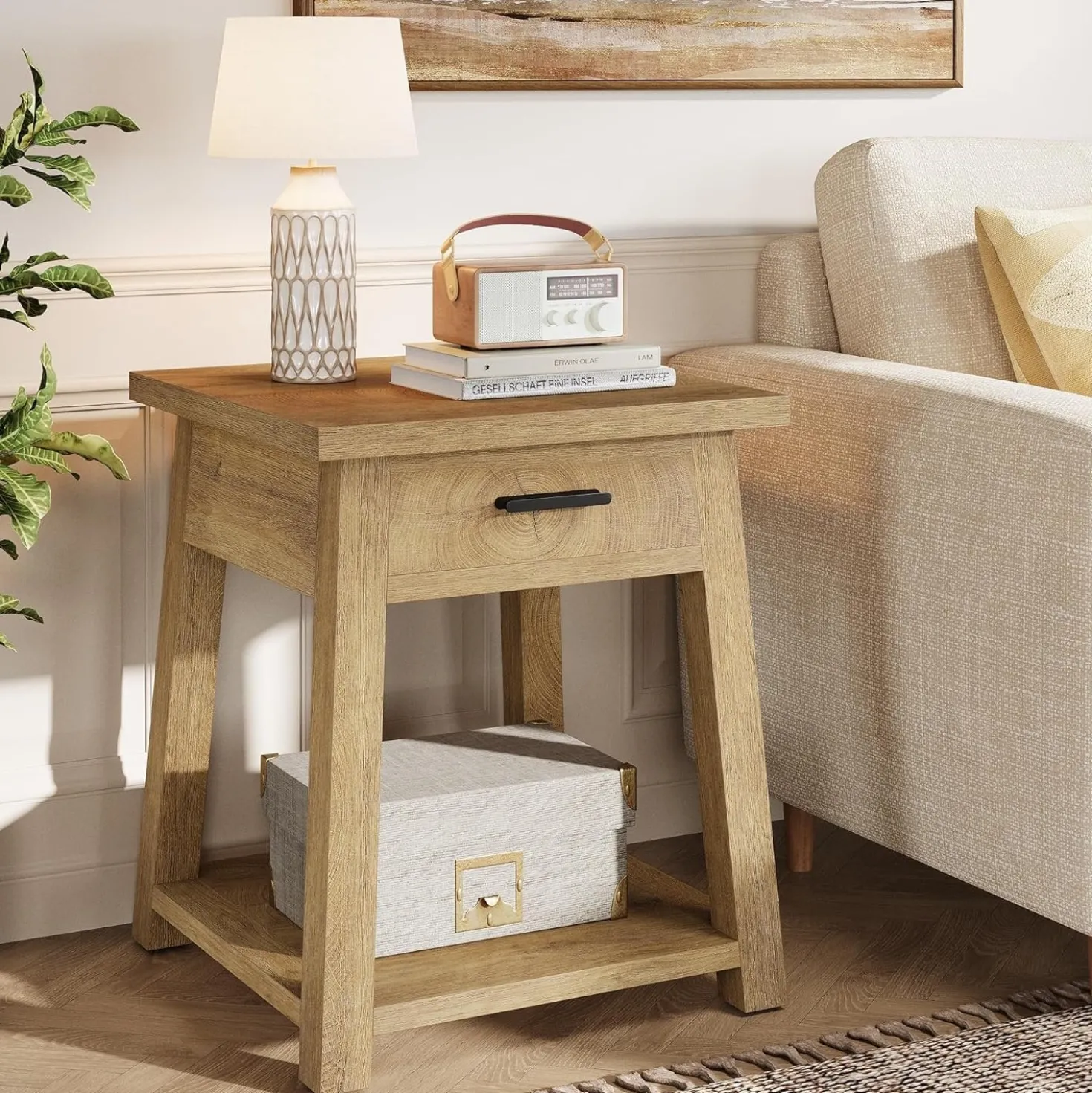 Square Nightstand with Drawer, Accent Bedside Table with Open Shelf for Bedroom