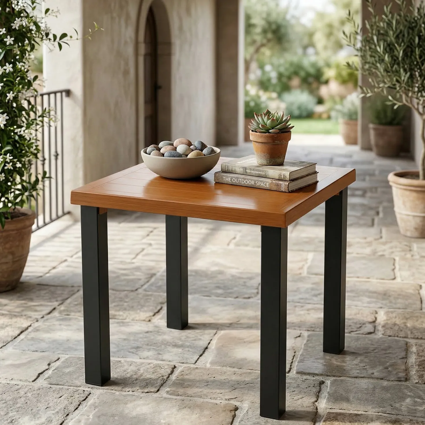 Square Outdoor Side Table, Weather Resistant Patio End Table with Metal Legs