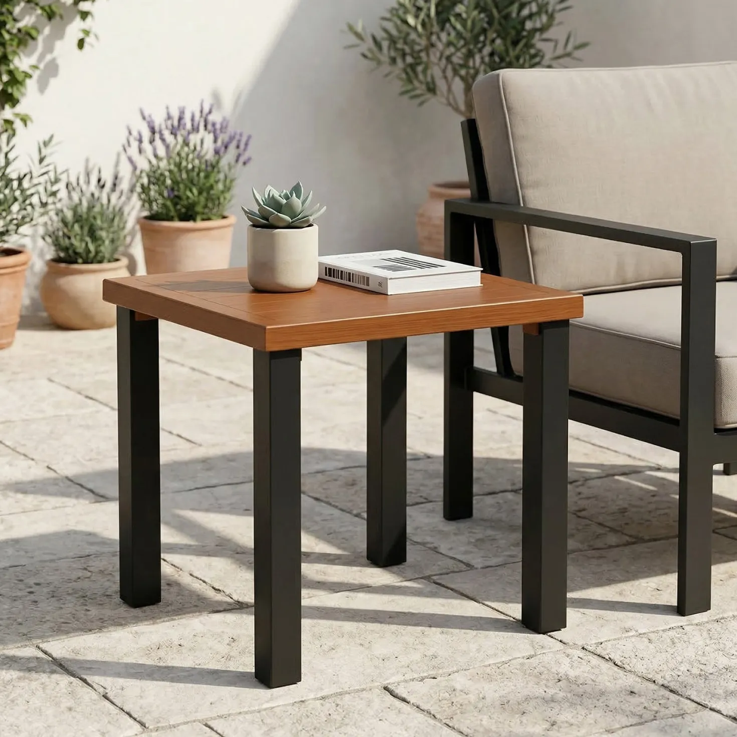 Square Outdoor Side Table, Weather Resistant Patio End Table with Metal Legs