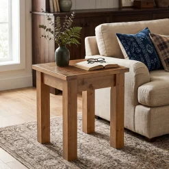 Square Solid Wood Side Table, Farmhouse End Tale with Stable Legs for Small Spaces