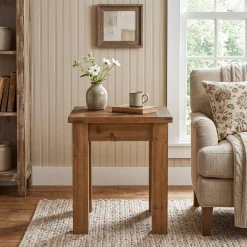 Square Solid Wood Side Table, Farmhouse End Tale with Stable Legs for Small Spaces