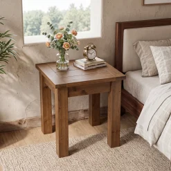 Square Solid Wood Side Table, Farmhouse End Tale with Stable Legs for Small Spaces