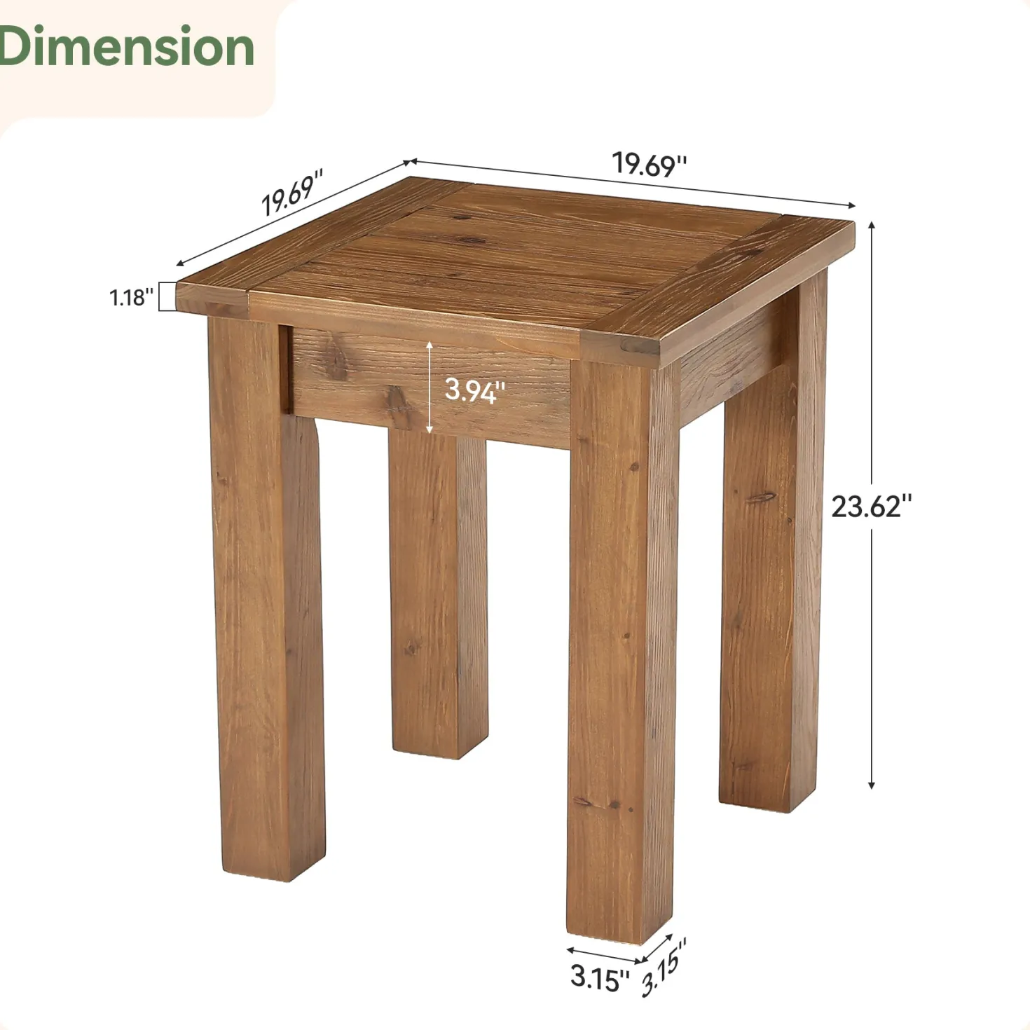 Square Solid Wood Side Table, Farmhouse End Tale with Stable Legs for Small Spaces