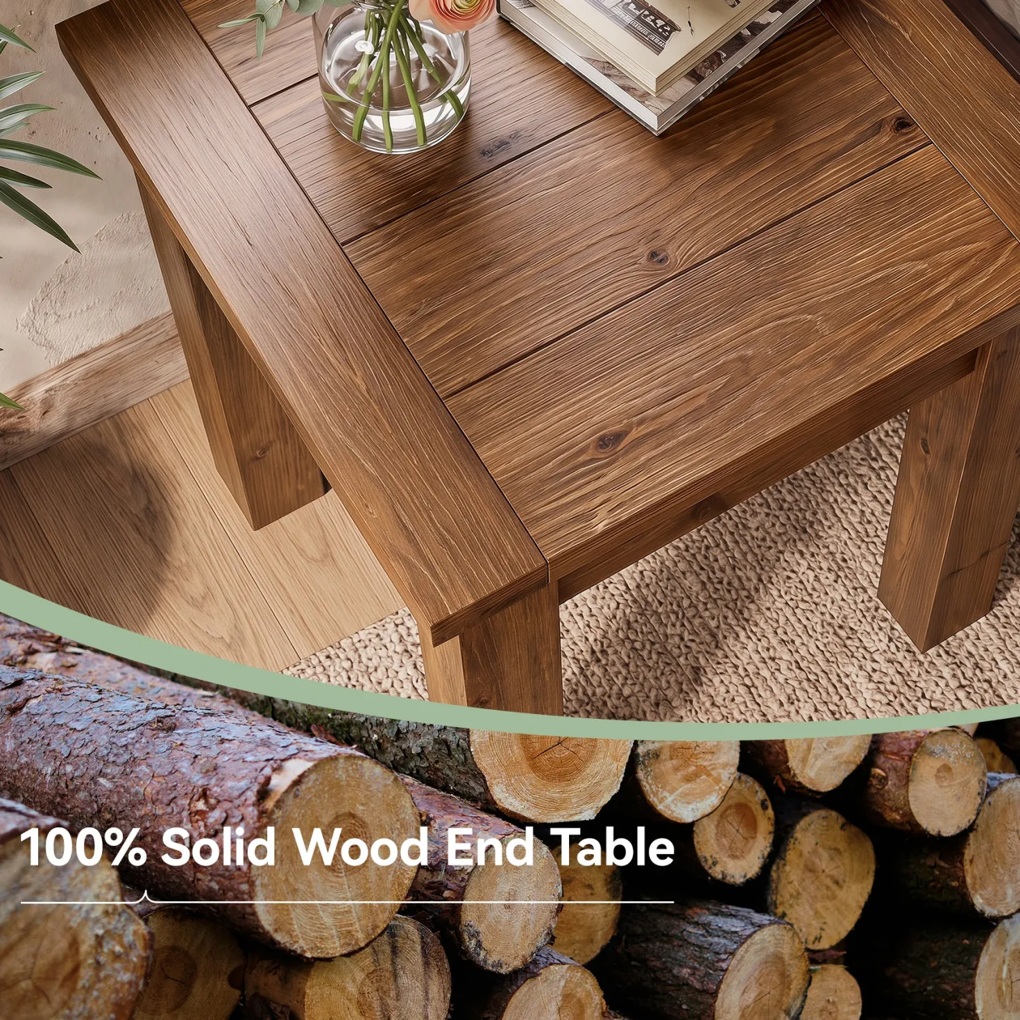 Square Solid Wood Side Table, Farmhouse End Tale with Stable Legs for Small Spaces