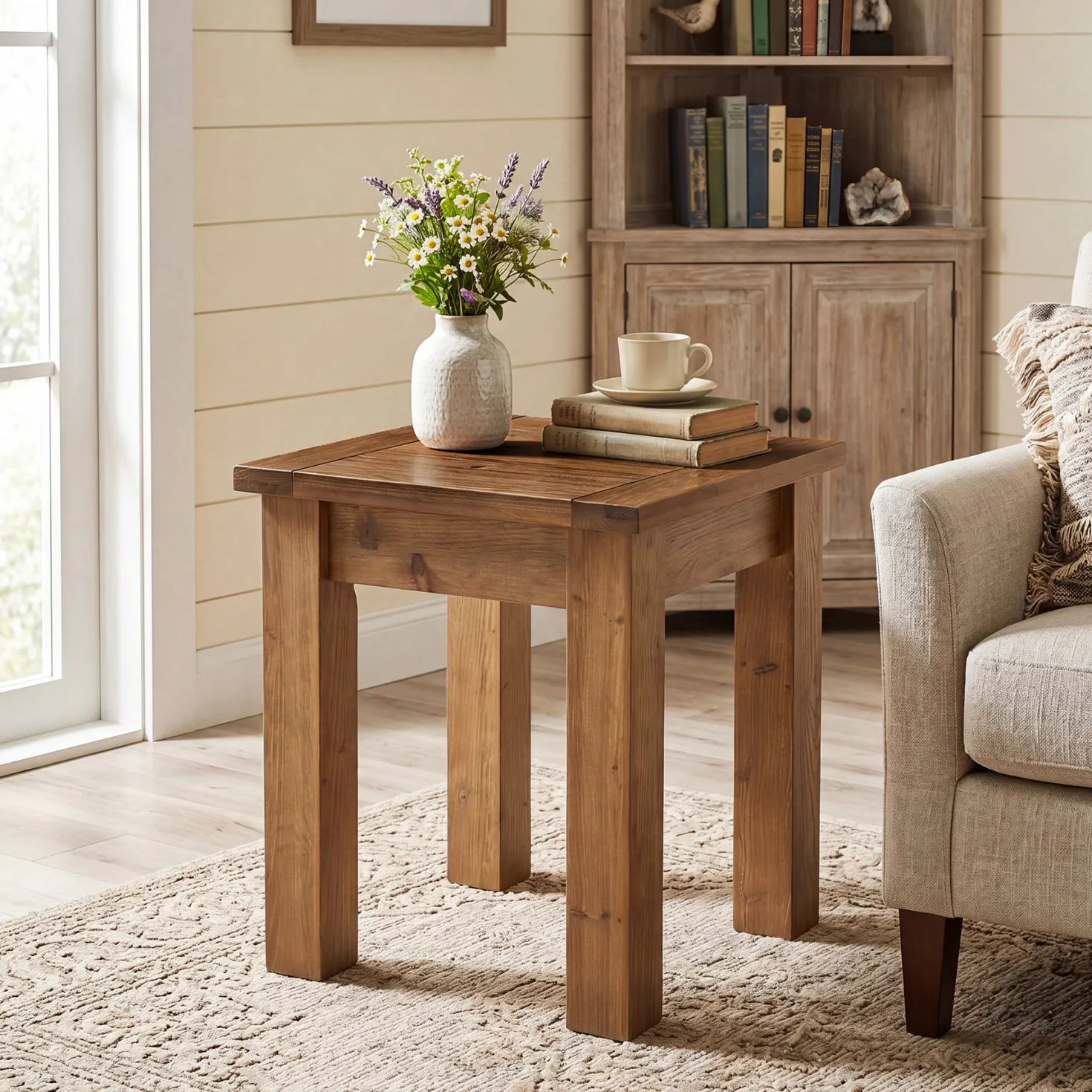 Square Solid Wood Side Table, Farmhouse End Tale with Stable Legs for Small Spaces