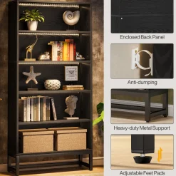 Tall Bookcase Black Bookshelf, 70.8” Large Bookcases Organizer with LED Lights