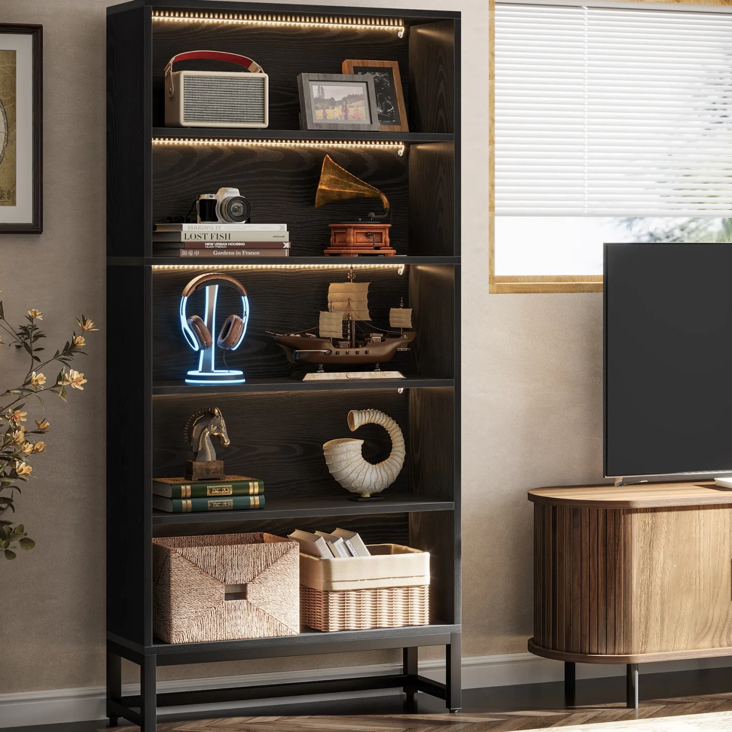 Tall Bookcase Black Bookshelf, 70.8” Large Bookcases Organizer with LED Lights