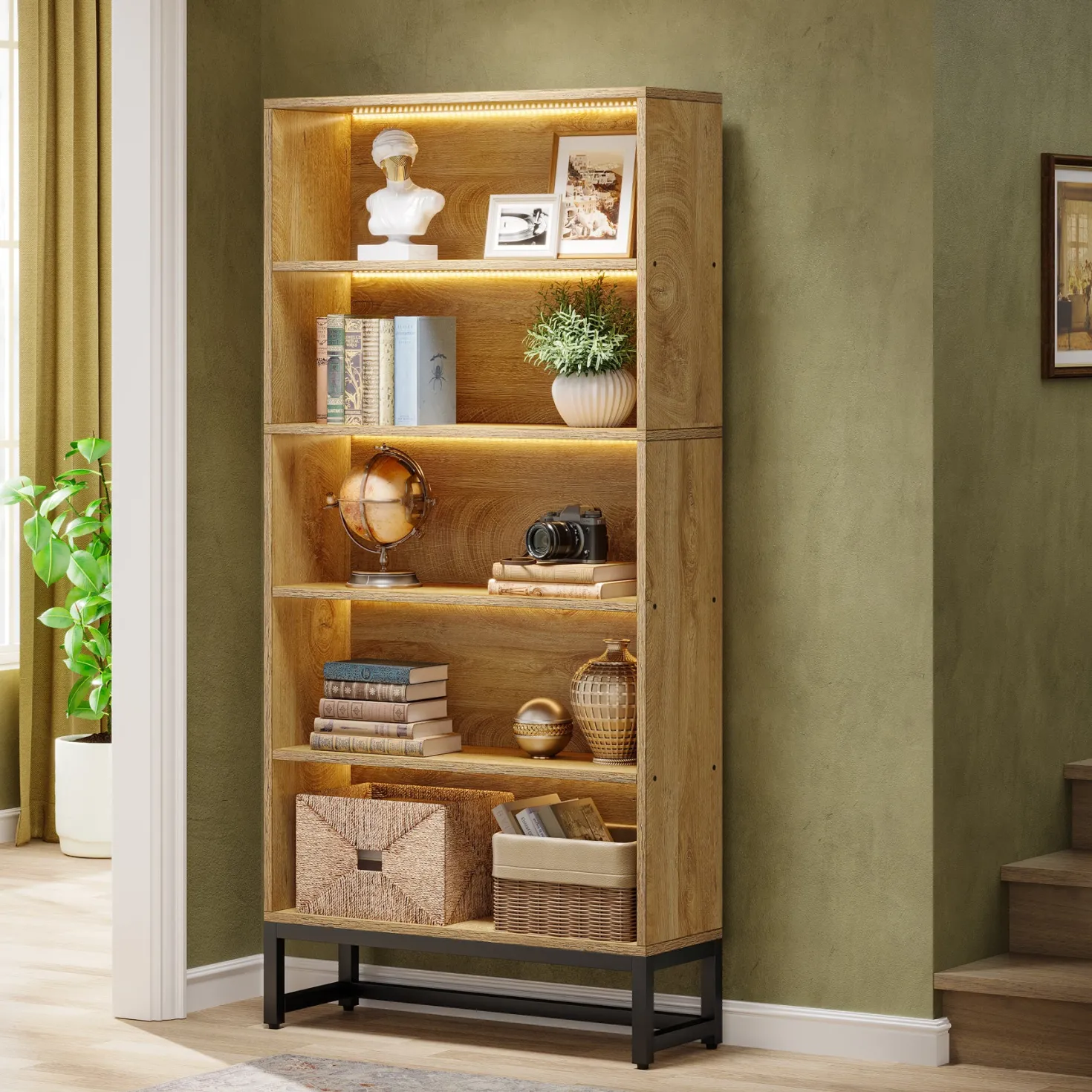 Tall Bookcase Black Bookshelf, 70.8” Large Bookcases Organizer with LED Lights