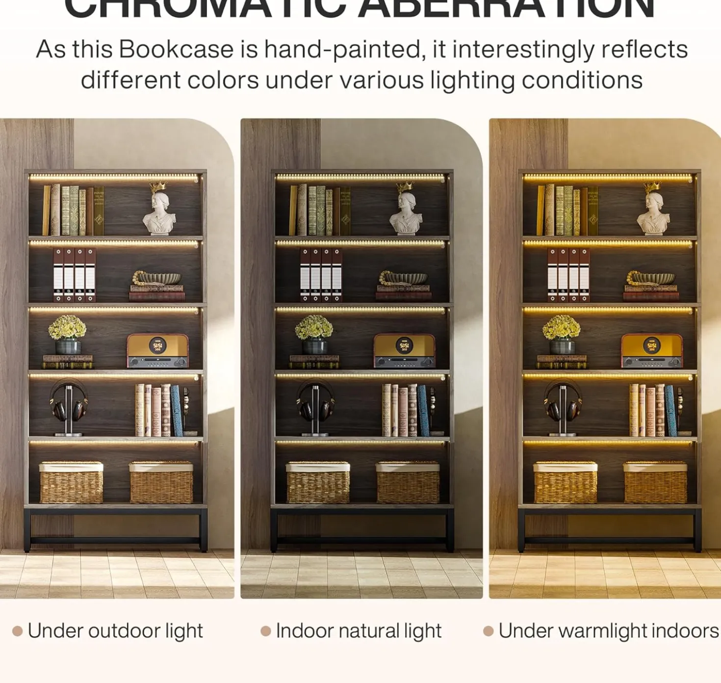 Tall Bookcase Black Bookshelf, 70.8” Large Bookcases Organizer with LED Lights