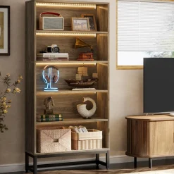 Tall Bookcase Black Bookshelf, 70.8” Large Bookcases Organizer with LED Lights