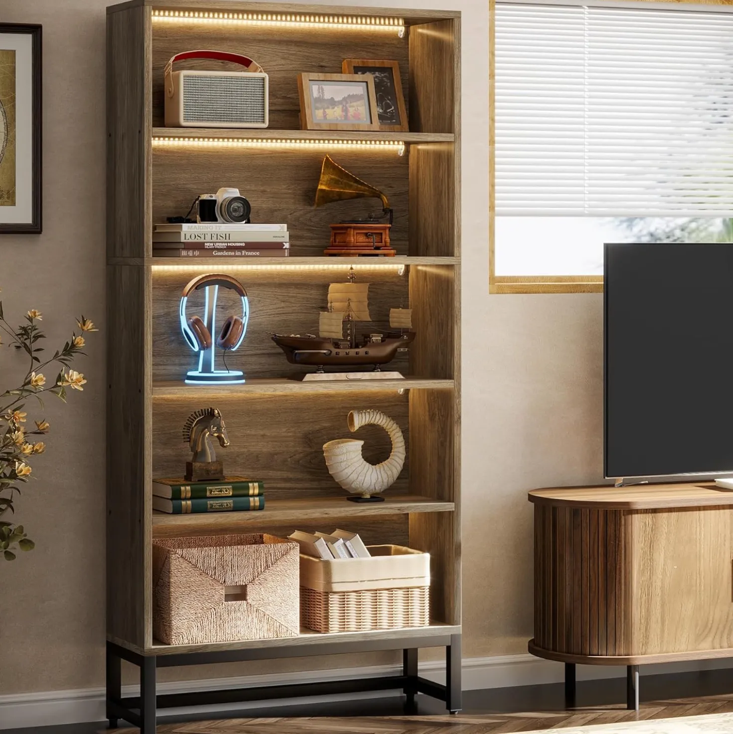 Tall Bookcase Black Bookshelf, 70.8” Large Bookcases Organizer with LED Lights