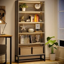 Tall Bookcase Black Bookshelf, 70.8” Large Bookcases Organizer with LED Lights