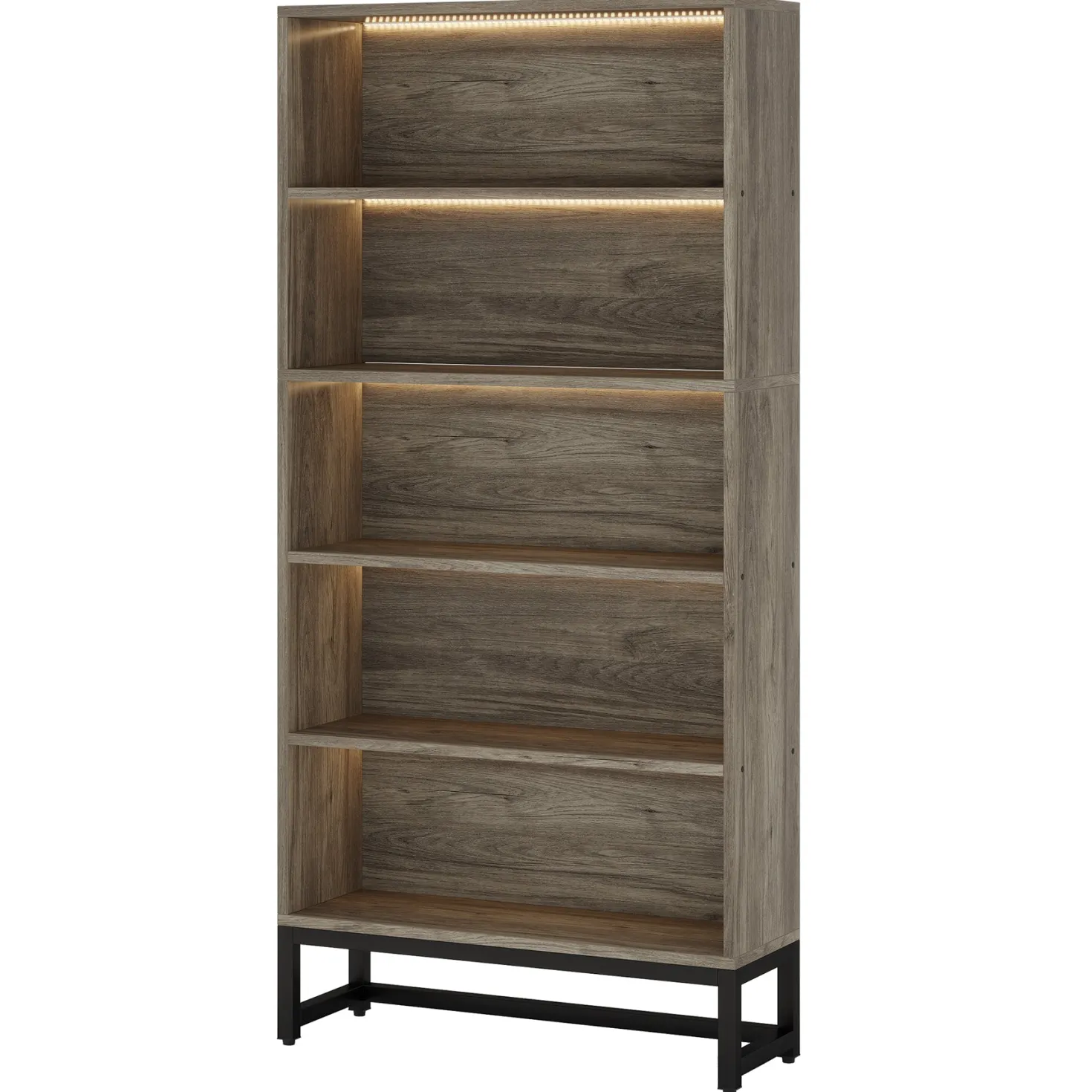 Tall Bookcase Black Bookshelf, 70.8” Large Bookcases Organizer with LED Lights