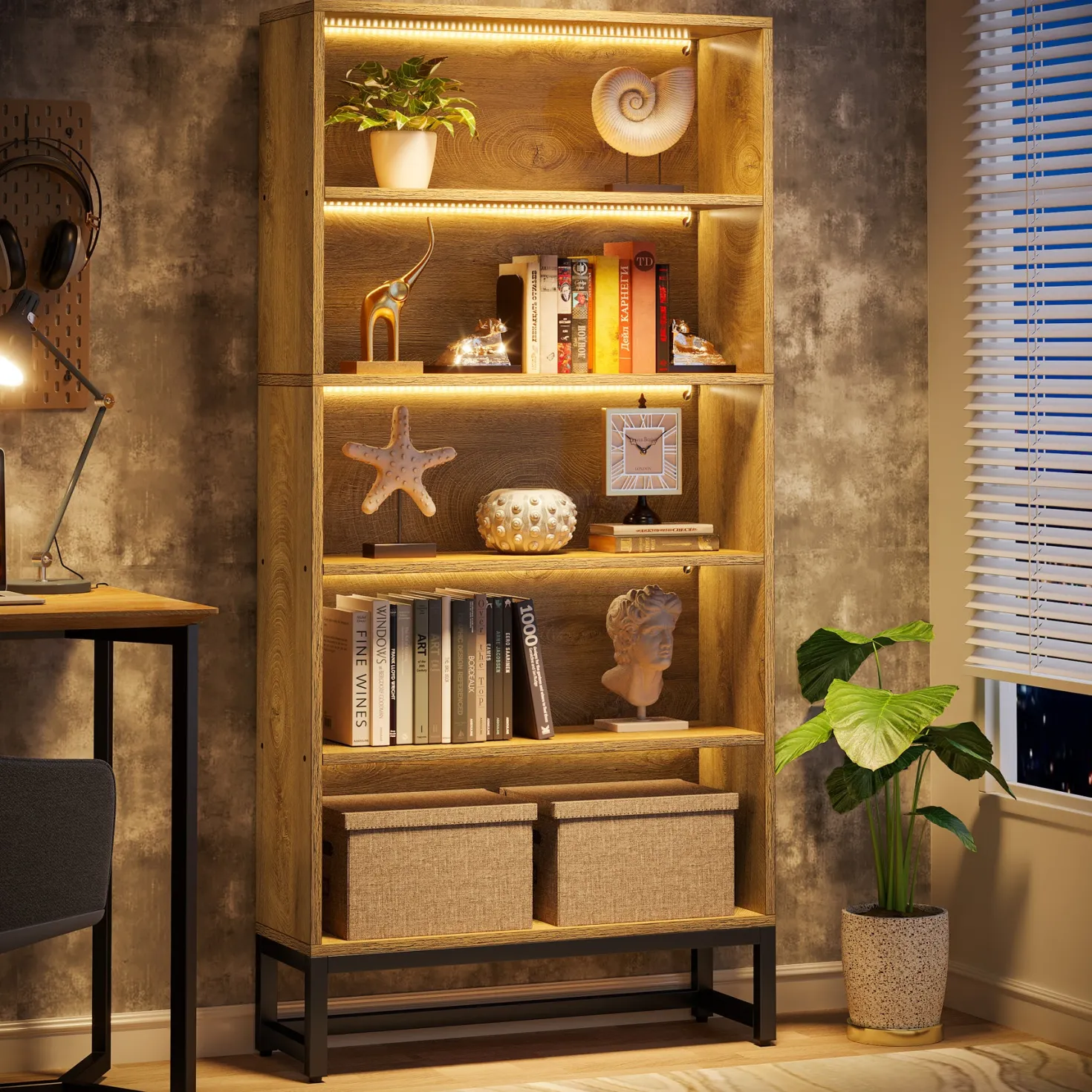 Tall Bookcase Black Bookshelf, 70.8” Large Bookcases Organizer with LED Lights