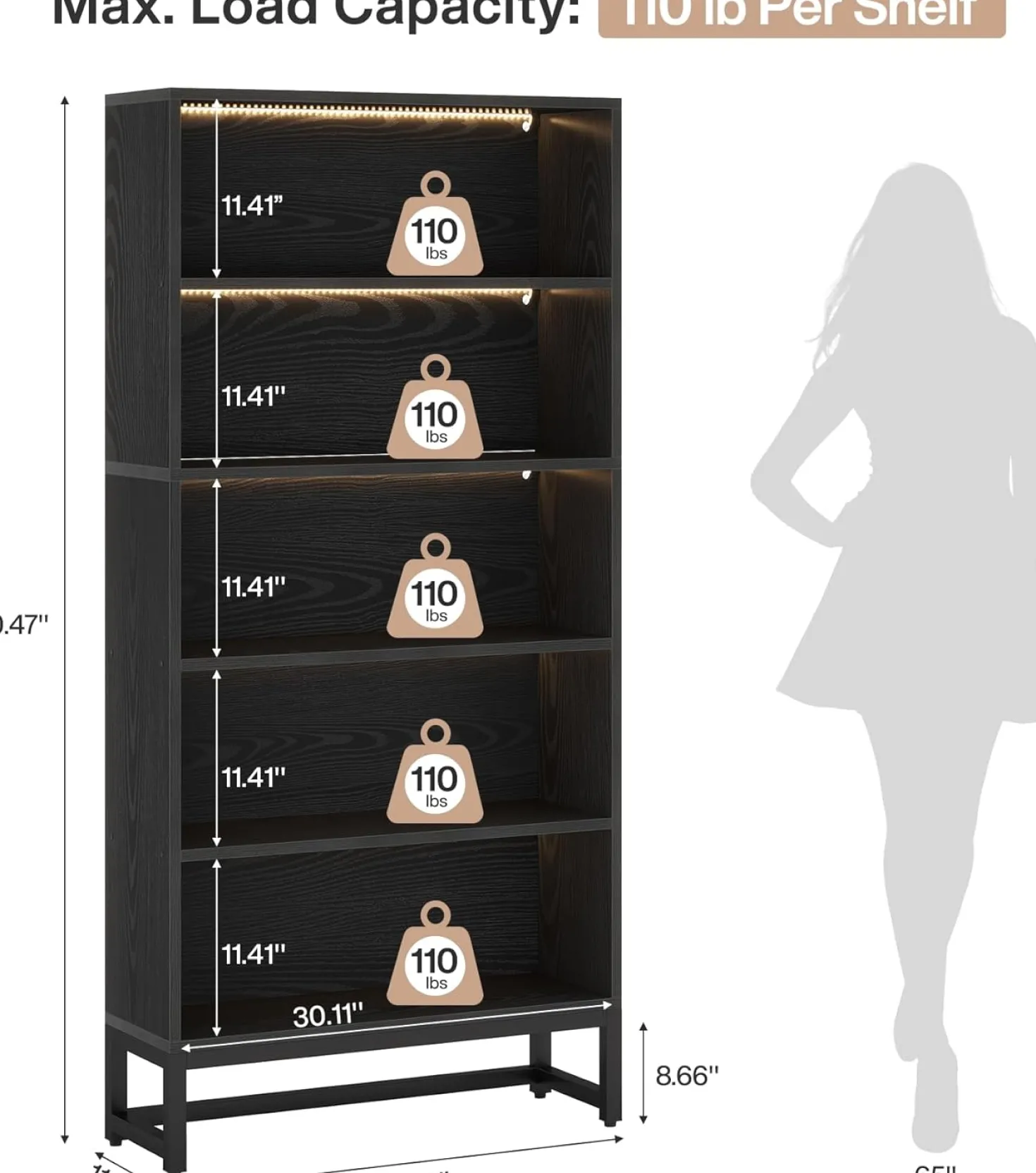 Tall Bookcase Black Bookshelf, 70.8” Large Bookcases Organizer with LED Lights