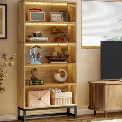 Tall Bookcase Black Bookshelf, 70.8” Large Bookcases Organizer with LED Lights